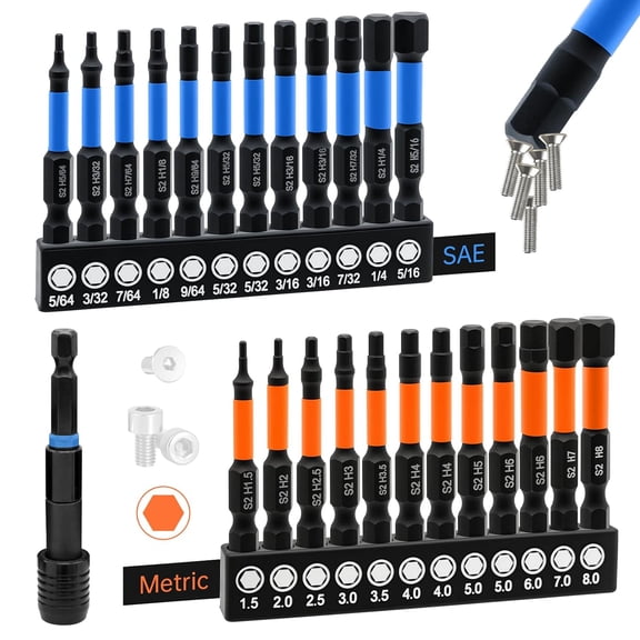 Allen Wrench Drill Bit Set 25pcs Hex Bit Set, Impact Driver Bit Set, Screwdriver Bit Set, Allen Wrenches Sets, 2" Metric&SAE 1/4" Hex Shank Magnetic Allen Key Drill Bits Sets with Storage Box