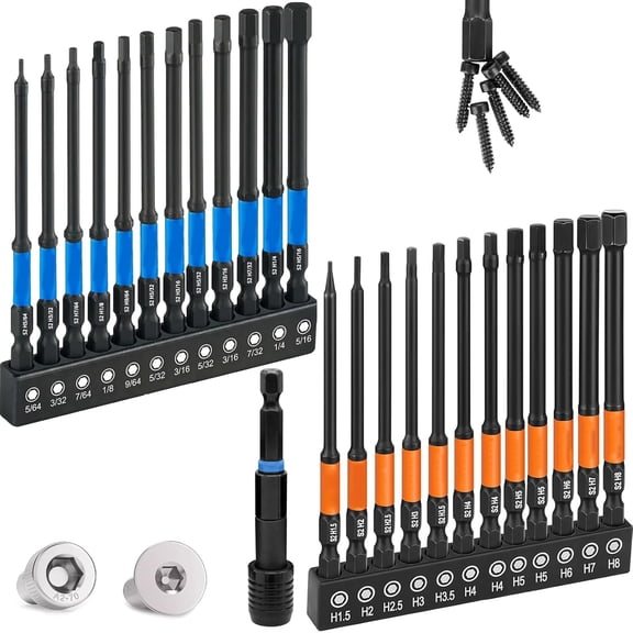 Allen Wrench Drill Bit Set 25pcs Hex Bit Set, Impact Driver Bit Set, Screwdriver Bit Set, Allen Wrenches Sets, 4" Long Metric&SAE 1/4" Hex Shank Magnetic Allen Key Drill Bits Sets with Storage Box