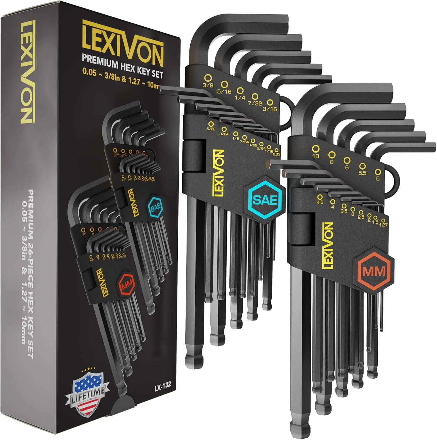 Allen Wrenches Sets, 26-Piece Premium Metric & SAE Hex Keys, L-Shaped Long Arm Ball End Design, Industrial-Grade S2 Alloy Steel (LX-132)