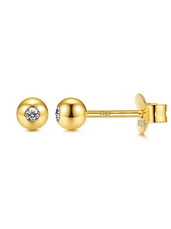 14k Gold Plated Over 925 Sterling Silver Cubic Zircon Round Ball Studs Simulated Diamond Earrings 4mm 5mm 6mm,Graduation Gifts