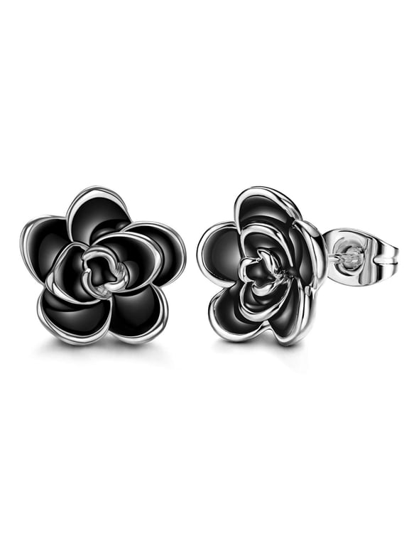 18K Gold White Gold Plated Black Rose Flower Stud Earrings for Women Black/L,Graduation Gifts