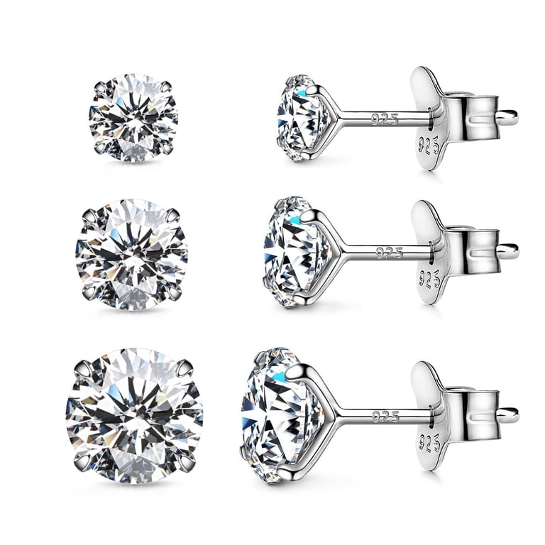 925 Sterling Silver Stud Earrings Set Of 3 Pairs – 3mm, 4mm, 5mm With White Cubic Zirconia