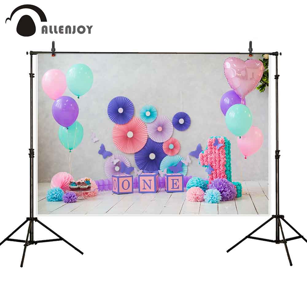 Allenjoy 1st birthday cake smash balloons wood floor colorful paper