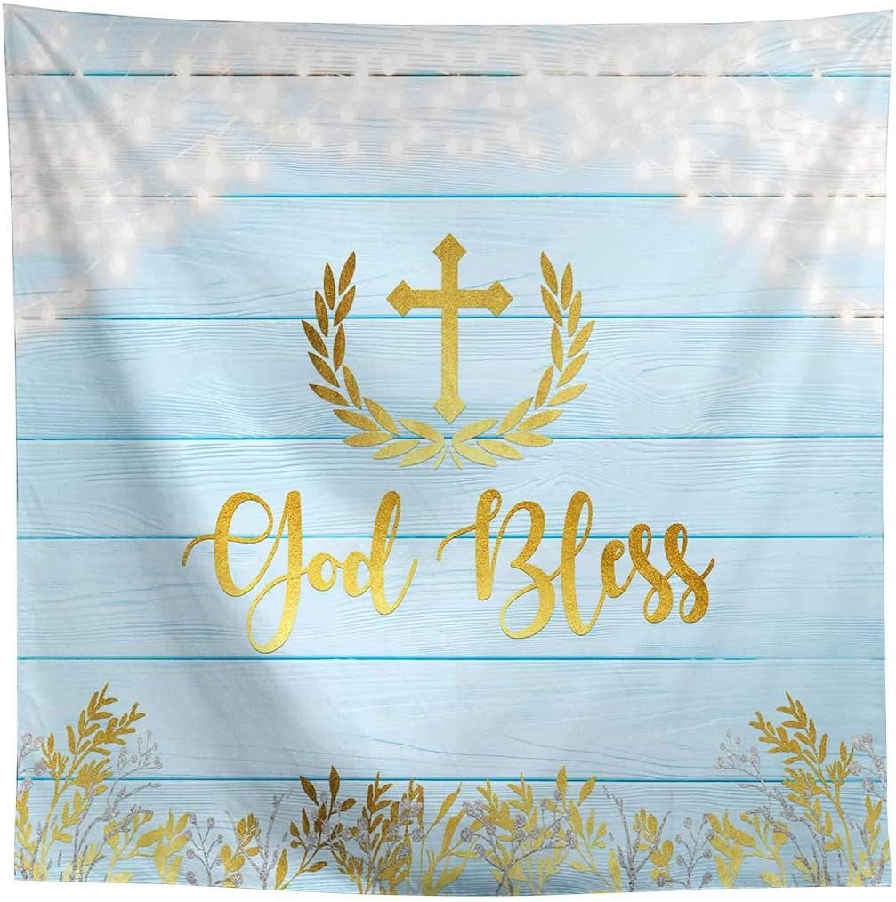 Allenjoy Baptism Party Rustic Blue Wood Backdrop God Bless Gold Leaves
