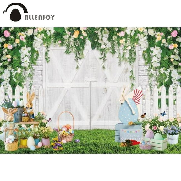 Allenjoy Spring Easter Photography Backdrop White Wood Door Egg Rabbit Birthday Baby Shower Party ration Photo Booth Props
