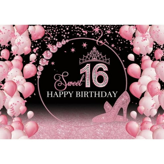 Allenjoy Sweet 16 Birthday Party Background Girl Sparkling Photography Balloon pink Crown ration Banner Backdrop
