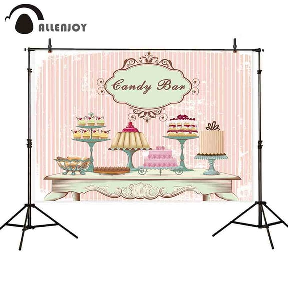 Allenjoy backdrop for photographic studio vintage fashion table different cakes Flesh pink stripe background candy bar photocall