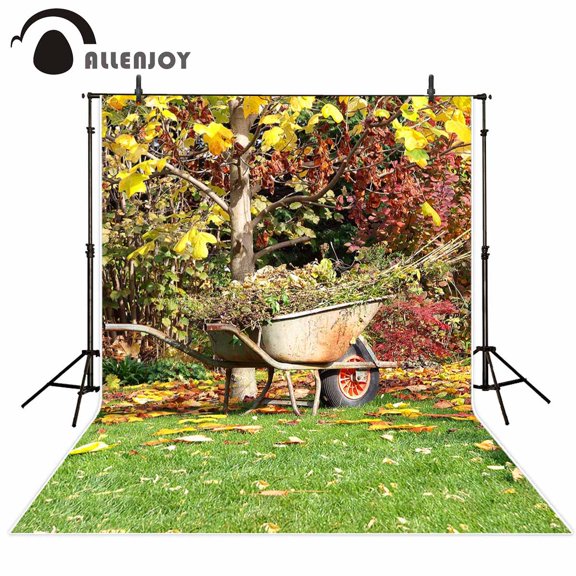 Allenjoy backgrounds for photography studio Autumn garden farm withered Fallen leaves wheelbarrow backdrop landscape photocall