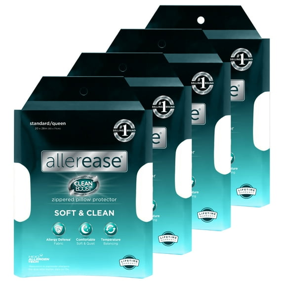 AllerEase CleanBoost Soft & Clean Pillow Cover Protector, Standard/Queen - Zippered (4 Count)