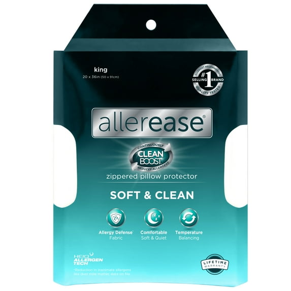 AllerEase CleanBoost Soft & Clean Bed Pillow Cover Protector, King - Zippered, Allergy Defense