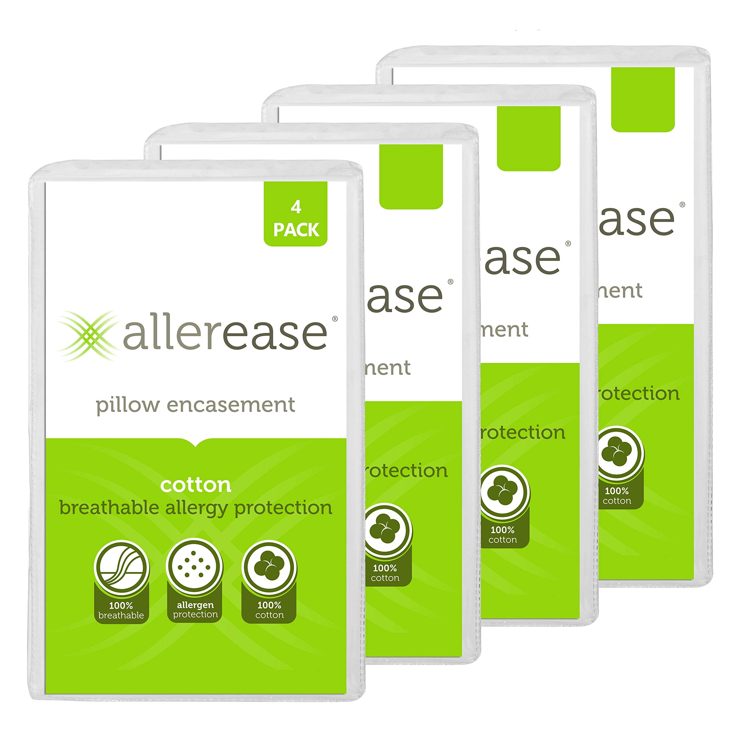AllerEase Cotton Hypoallergenic Pillow Protectors, Standard/Queen, 4-Pack