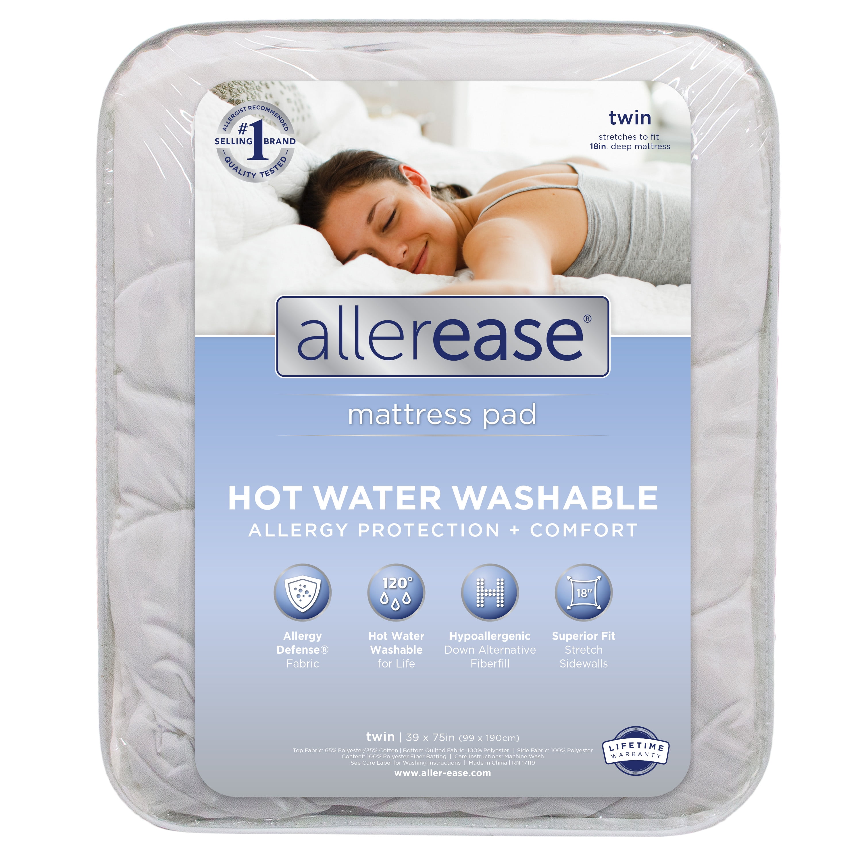 Allerease 2 in 1 Hot Water Waterproof Mattress Pad Queen White