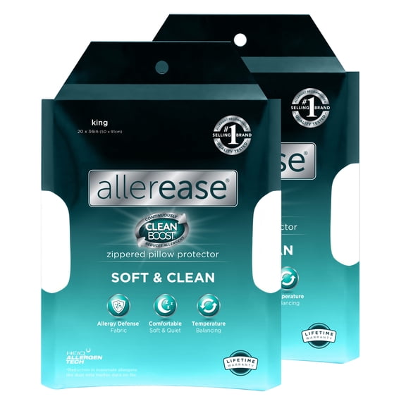 AllerEase CleanBoost Soft & Clean Pillow Cover, King, White- Zippered, 2-Pack