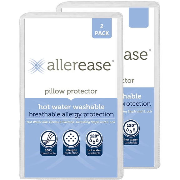 AllerEase Hot Water Wash Breathable Advanced Protection Machine Washable Durable Zippered Pillow Protector, King Size 2 Pack, White
