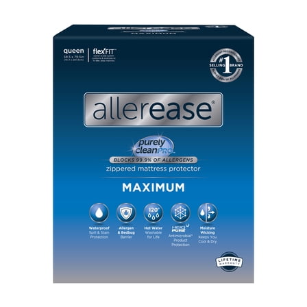 AllerEase Maximum Mattress Cover Protector, Queen - Zippered, Waterproof, Allergen Barrier