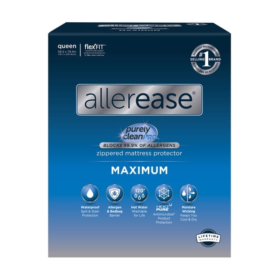 AllerEase Maximum Mattress Cover Protector, Queen - Zippered, Waterproof, Allergen Barrier