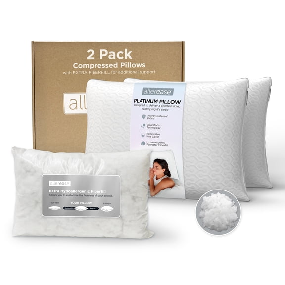 AllerEase Platinum Bed Pillow, Standard/Queen CleanBoost Allergen Barrier, Extra Fill Included