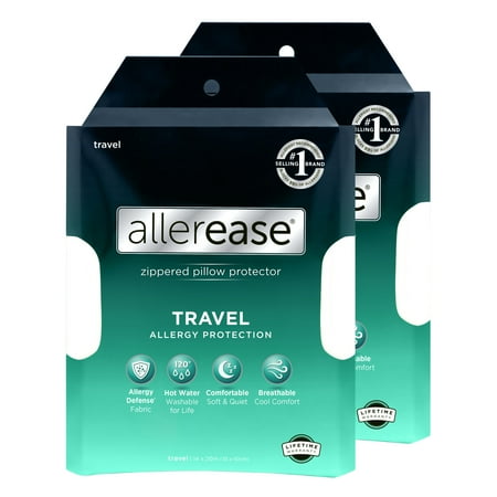 AllerEase Travel Pillow Cover Protector- Zippered Breathable, Allergy Defense 2-Pack