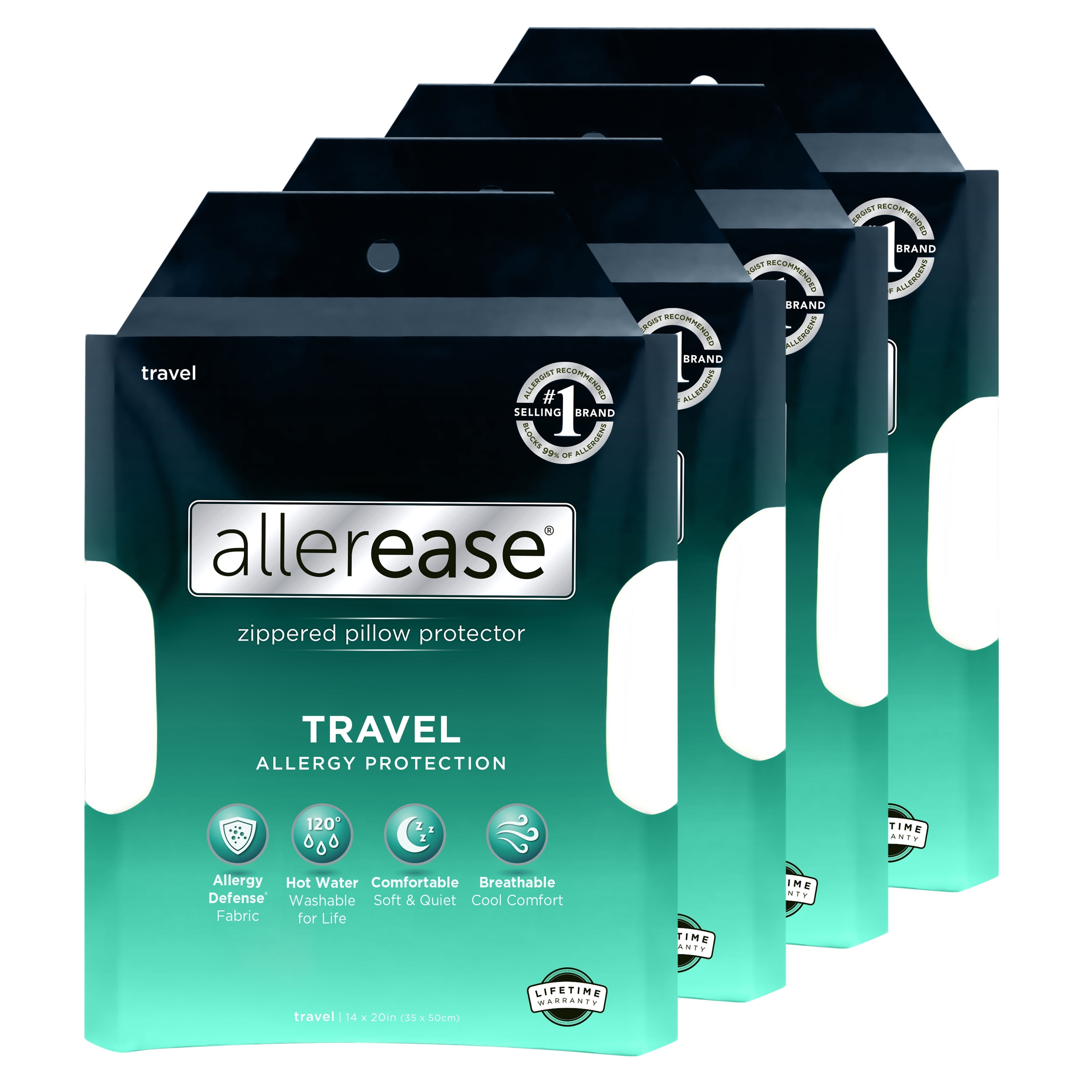 AllerEase Travel Pillow Cover Protector- Zippered Breathable, Allergy Defense 4-Pack