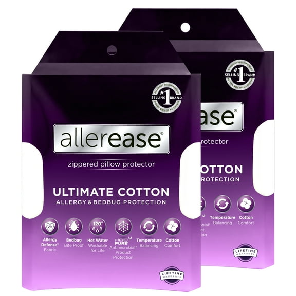 AllerEase Ultimate Cotton Pillow Cover Protector Standard/Queen- Zippered, Allergen Barrier (2 Count)