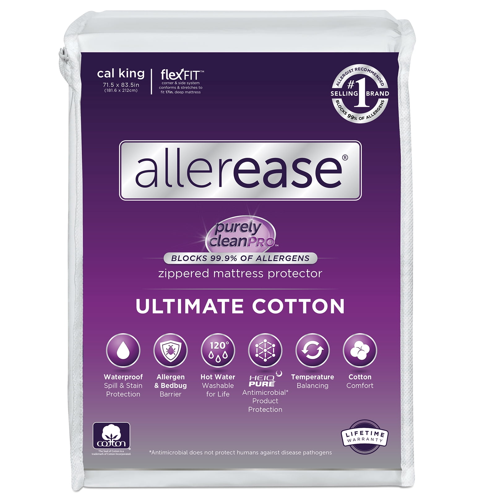 AllerEase Ultimate Cotton Top Mattress Cover Protector, Cal King - Zippered, Waterproof