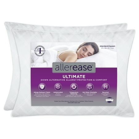 AllerEase Ultimate Down Alternative Bed Pillow, King, White- Allergy Defense Fabric 2 Pack