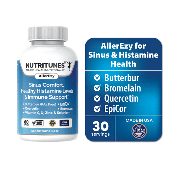 Sinus, Histamine & Immune Support – Butterbur, EpiCor, Quercetin with Bromelain – Allergy Support Supplement – 60 AllerEzy Capsules by Nutritunes