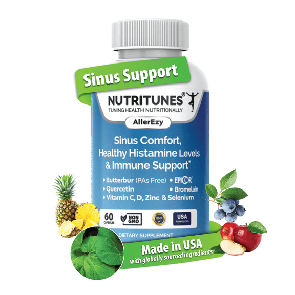 Sinus, Histamine & Immune Support  Butterbur, EpiCor, Quercetin with Bromelain  Allergy Support Supplement  60 AllerEzy Capsules by Nutritunes