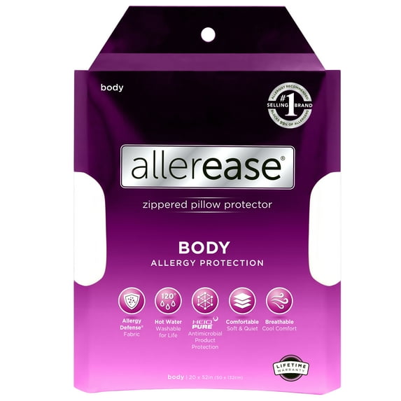 AllerEase Ultra Soft Allergy Body Pillow Cover Protector 20”x52” White- Zippered