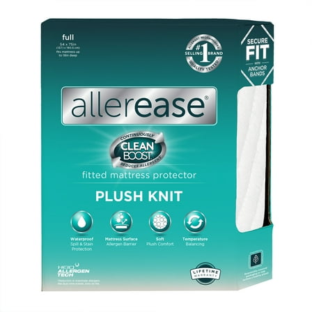 AllerEase CleanBoost Plush Knit Mattress Cover Protector, Full - Fitted, w/ Straps, Waterproof
