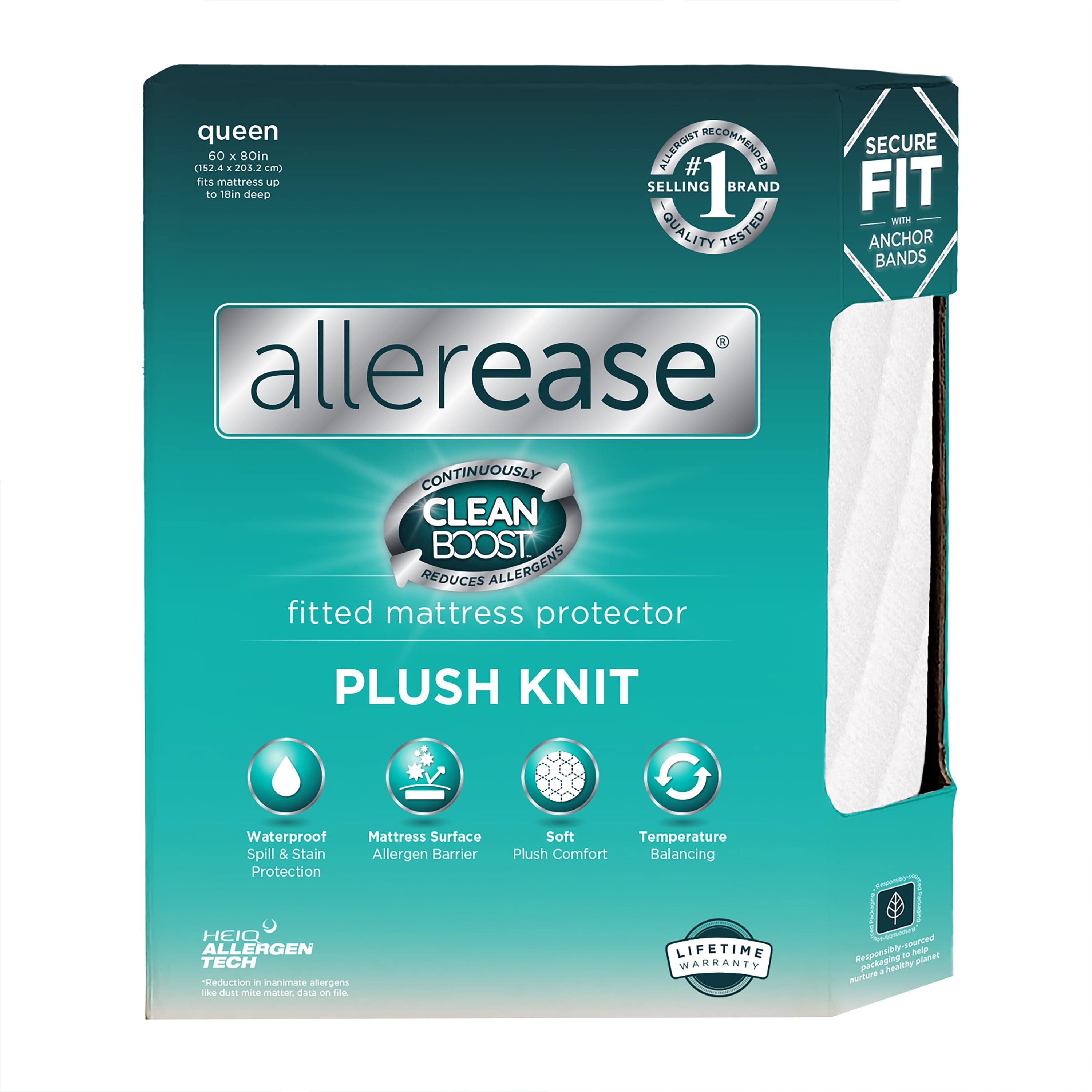 AllerEase CleanBoost Plush Knit Mattress Cover Protector, Qu