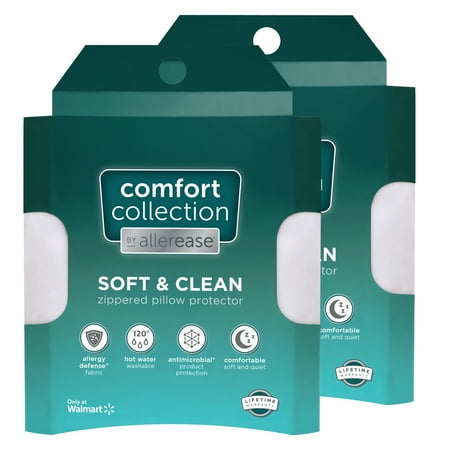 AllerEase Soft & Clean Pillow Cover Protector, Standard/Queen - Zippered, Allergy Defense (2 Count)