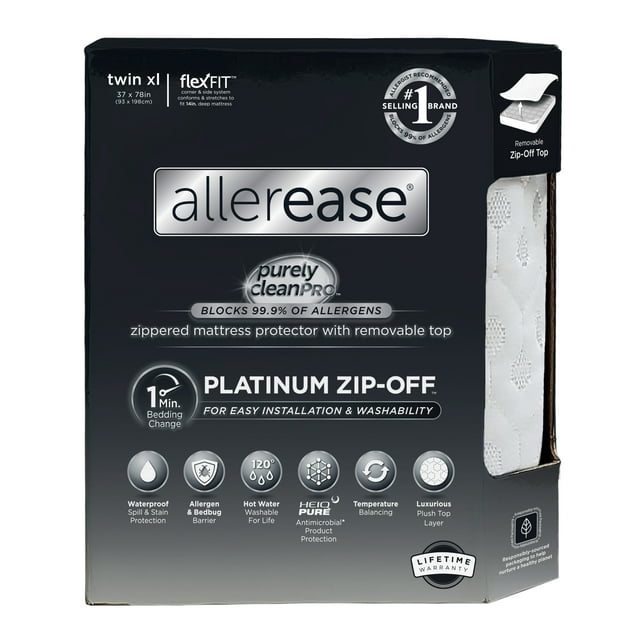 AllerEase Platinum Mattress Cover Protector, Twin XL- ZipOff Top, Waterproof, Allergen