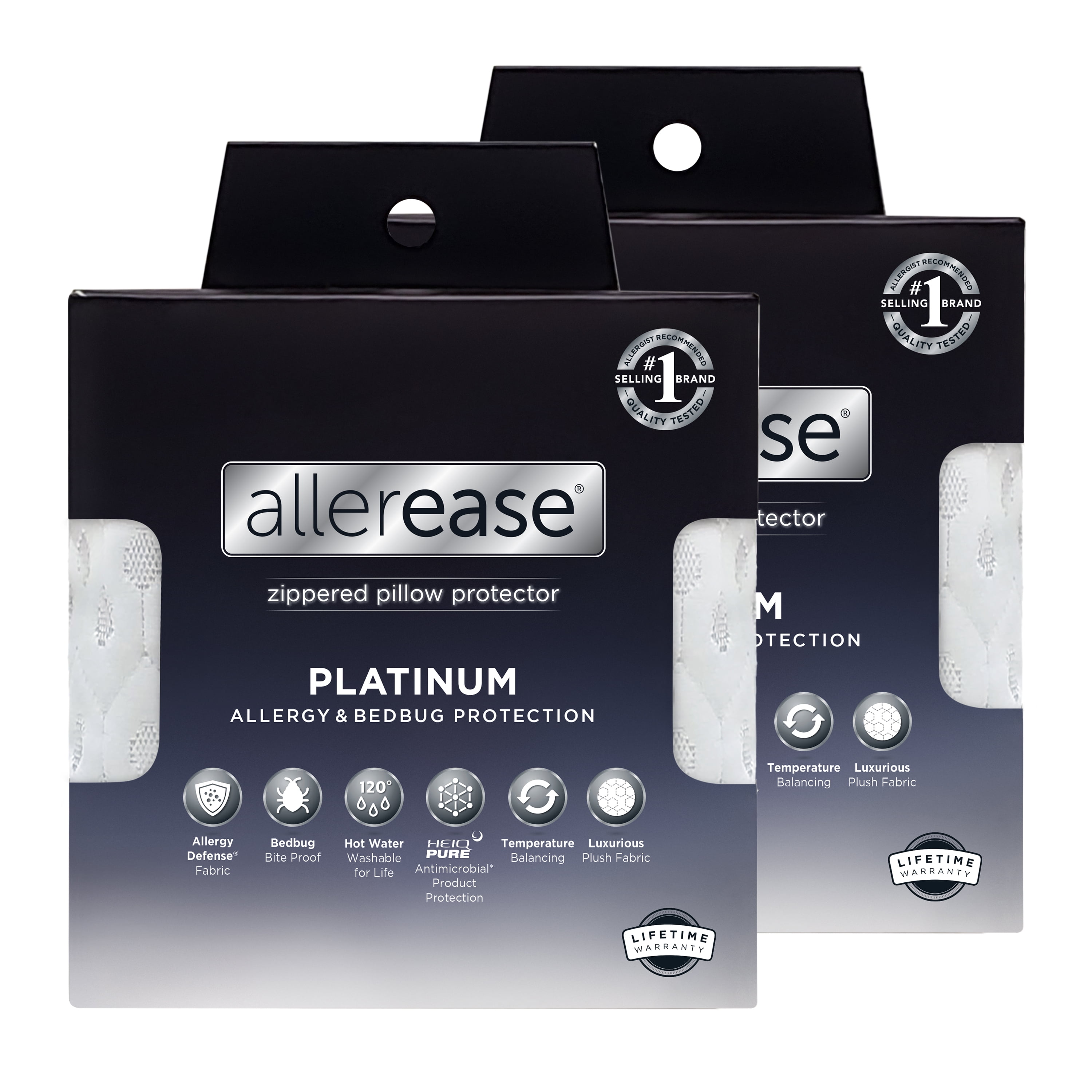 AllerEase Platinum Pillow Cover Protector, Standard/Queen - Zippered, Bedbug Barrier (2 Count)