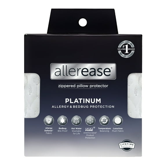 AllerEase Platinum Pillow Cover Protector, Standard/Queen - Zippered, Plush, Bedbug Barrier