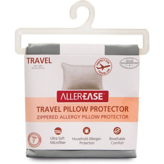 AllerEase Travel Pillow Cover Protector, Gray- Zippered Breathable, Allergy Defense Fabric