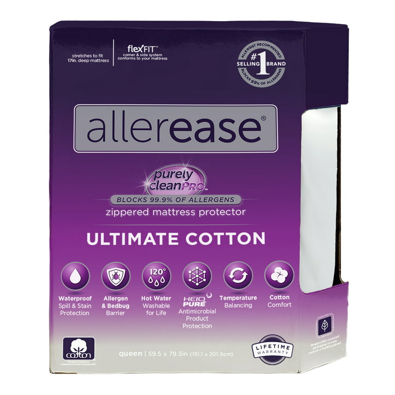 Allerease Ultimate Cotton Allergy Relief Zippered Mattress Protector, Queen  