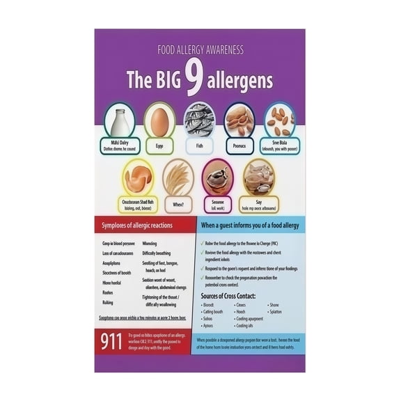 Allergen Awareness Chart Poster Nine Major Food Allergens Safety Guide for Restaurant School Workplace Kitchen Mandatory Compliance Educational Wall Art Reference