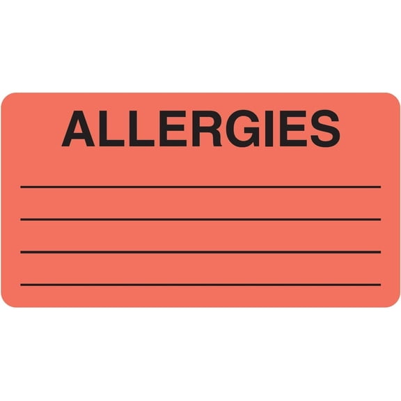 Allergies Chart Label 3-1/4” x 1-3/4” Fluorescent Red Black  Medical Alert Sticker with Write-in Lines Permanent Adhesive 250 Stickers/Box