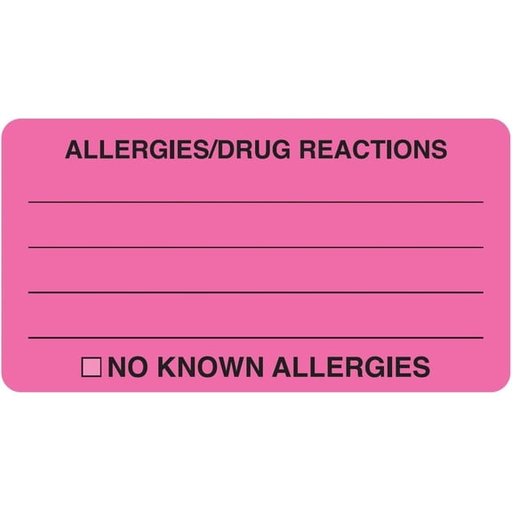 Allergies Reactions Chart Label, Fluorescent , 3-1/4" x 1-3/4", Permanent Adhesive, Medical Records, Patient Safety, 250 Stickers/Box,