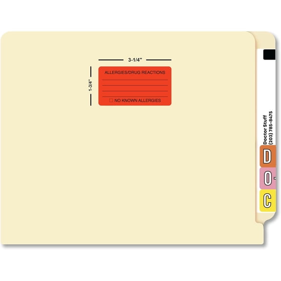 Allergies Reactions Chart Label, Fluorescent Red, 3-1/4" x 1-3/4", Permanent Adhesive, Medical Records, Patient Safety, 250 Stickers/Box,