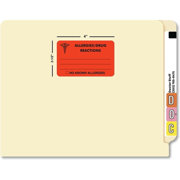 Allergies Reactions Chart Label, Fluorescent Red, 4" x 2-1/2", Permanent Adhesive, Medical Records, Patient Safety, 100 Stickers/Box,