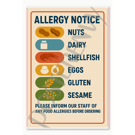 Allergy Notice Allergen English Restaurant Kitchen Workplace Food Safety Employee poster - 18 inch x 12 inch
