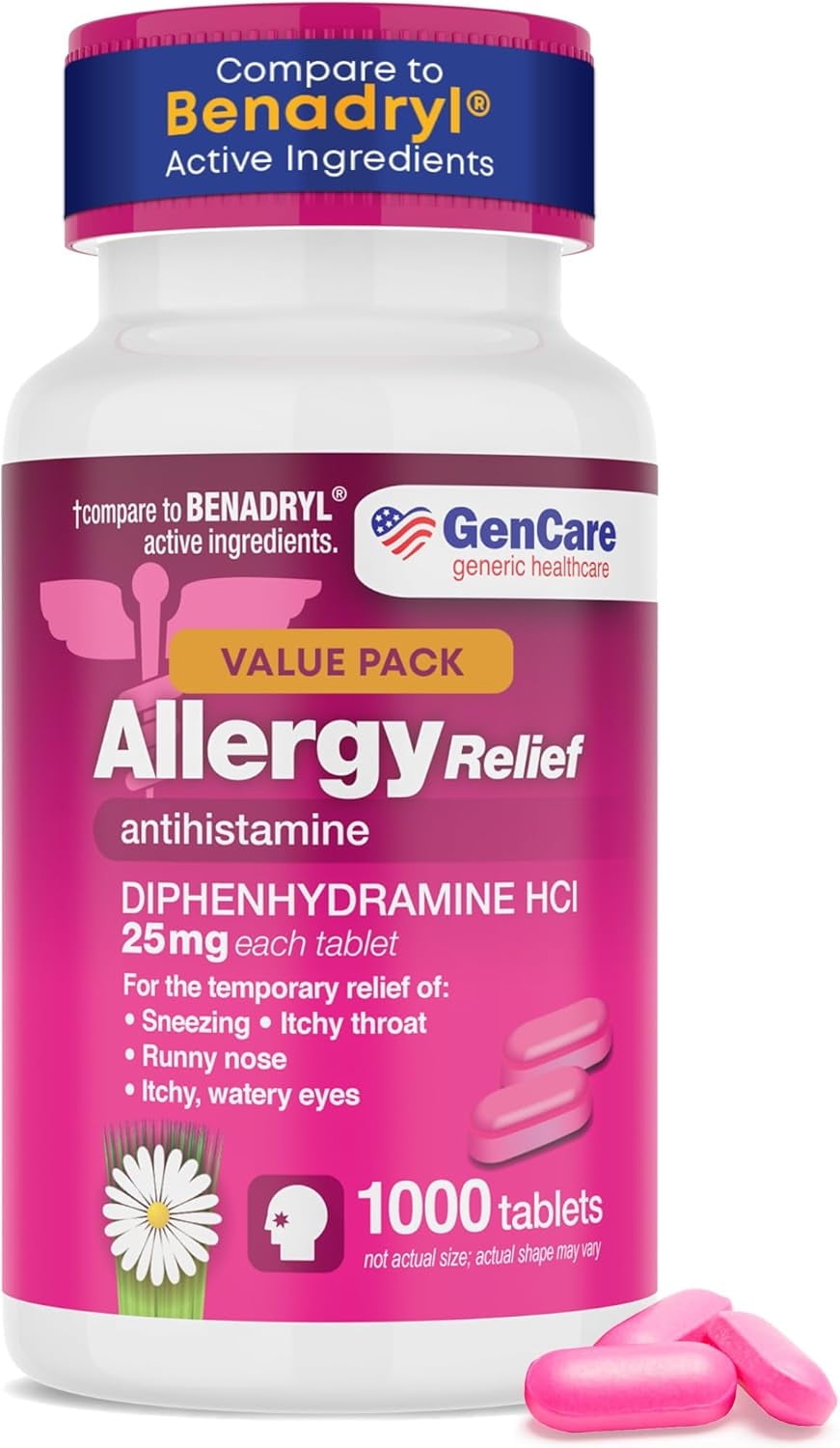 GenCare Allergy Relief Tablets Antihistamine Diphenhydramine HCl 25mg, 1000 Tablets
