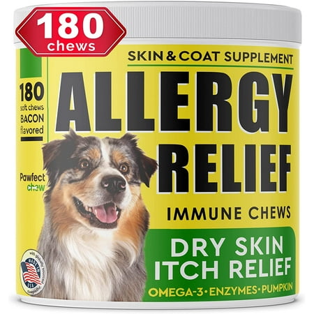Allergy Relief Dog Chews w/Omega 3 - Itchy Skin Relief - Seasonal Allergies + Enzymes - Anti-Itch & Hot Spots Aid - Made in USA Immune Supplement