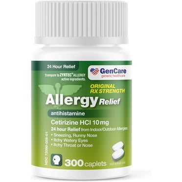 Gencare Cetirizine Allergy Relief Tablets 24-Hr Antihistamine Allergy Medication, 10 mg 300 Caplets
