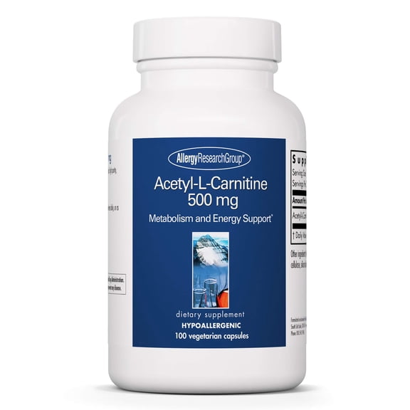 Allergy Research Group Acetyl-L-Carnitine 500mg Supplement - Metabolism and Energy Support, ALC, Free Form Amino Acid, Vegetarian Capsules - 100 Count