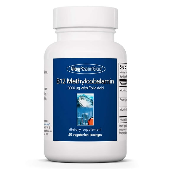 Allergy Research Group B12 Methylcobalamin Supplement - Vitamin B12 and Folate, with 400mcg Folic Acid, Pure, Vegetarian Lozenges - 50 Count