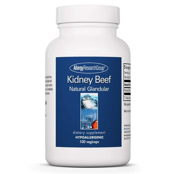 Allergy Research Group Kidney Beef Supplement - Natural Glandular, Freeze-Dried, Bovine, Lyophilized, Beef Organ, Vegetarian Capsules - 100 Count