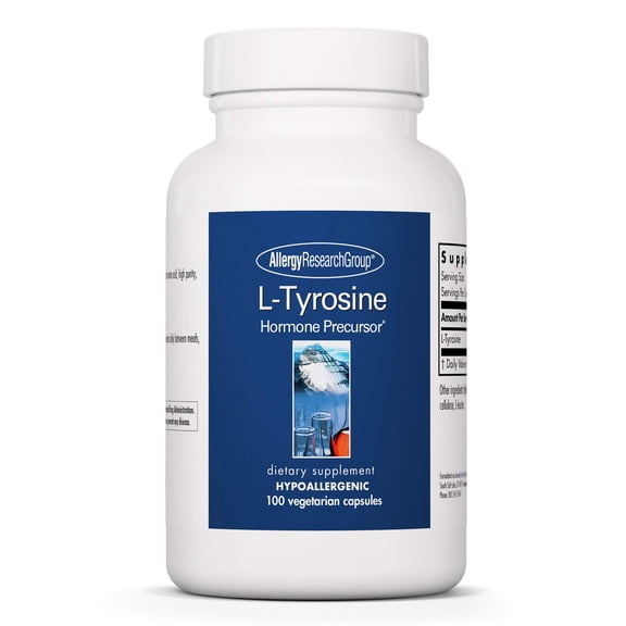 Allergy Research Group L-Tyrosine - Brain Support, Hormone Precursor, Free Form Amino Acid, 500mg Supplement, Thyroid Support Capsules - 100 Count